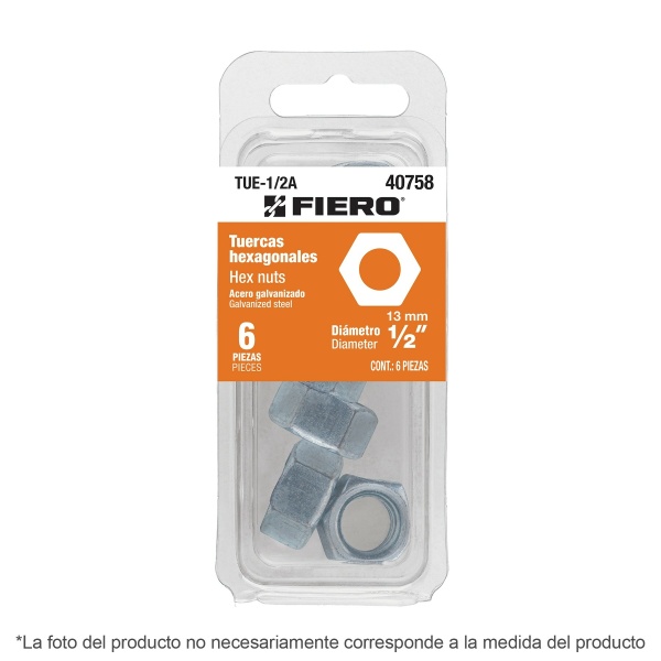 Blíster con 12 tuercas 3/8" hex de acero galvanizado