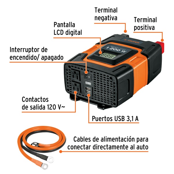 inversor de corriente de 1200 w con puertos usb truperinco 1000 10d-ferreteria-de-valle-en-torreon