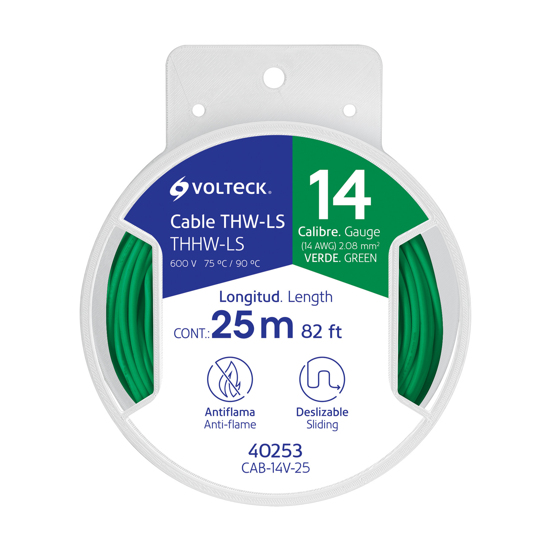 Carrete con 25 m de cable THHW-LS 14 AWG verde