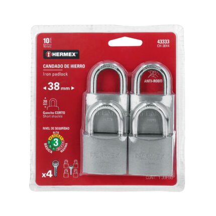 Blíster con 4 candados de hierro de 38mm con gancho corto