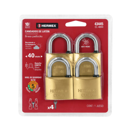 Blíster con 4 candados de latón de 40mm con gancho corto