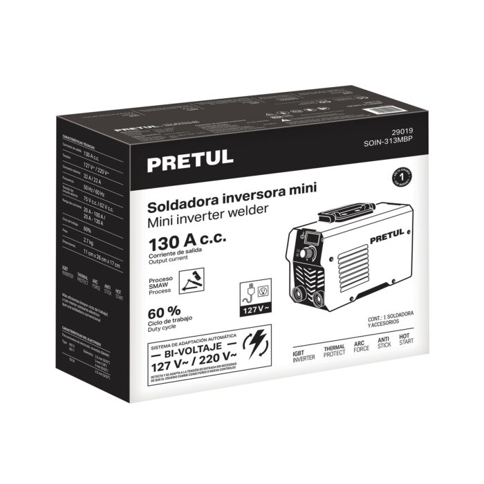Mini soldadora inversora 130A, Bi-Voltaje, Serie 300, PRETUL mini soldadora inversora 130a bi voltaje serie 300 pretulsoin 313mbp c01