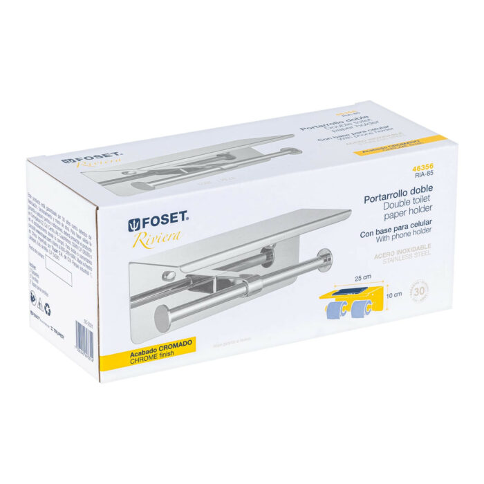 Portarrollo doble en cromo con soporte para celular, Foset portarrollo doble en cromo con soporte para celular fosetria 85 3a2