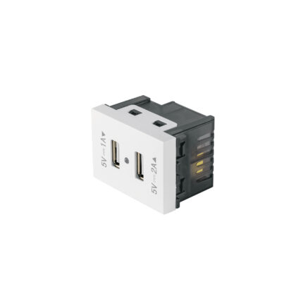 Toma con 2 puertos USB, 1.5 módulos, línea Española, blanco