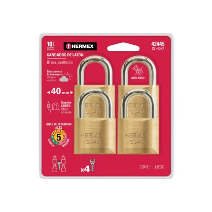 Blíster con 4 candados de latón de 40mm con gancho corto