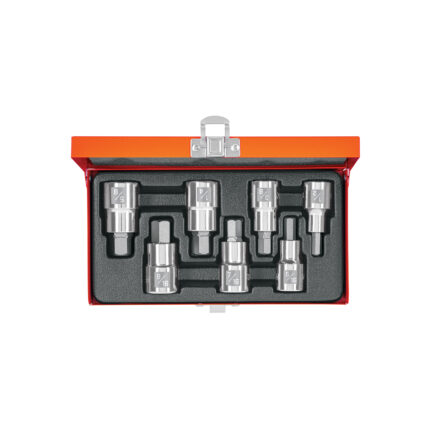 Juego de 7 dados cuadro 1/2' punta hex std, estuche metálico