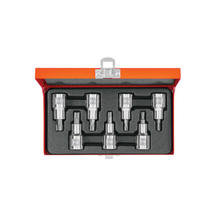 Juego de 7 dados cuadro 1/2" punta torx, estuche metálico
