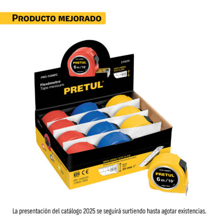 Flexómetro 5.5 m cinta 25 mm, display box con 12 pzas,PRETUL
