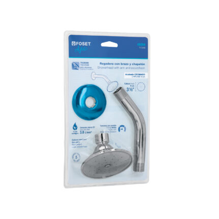 Regadera redonda 3-1/2", brazo y chapetón en blíster, Foset