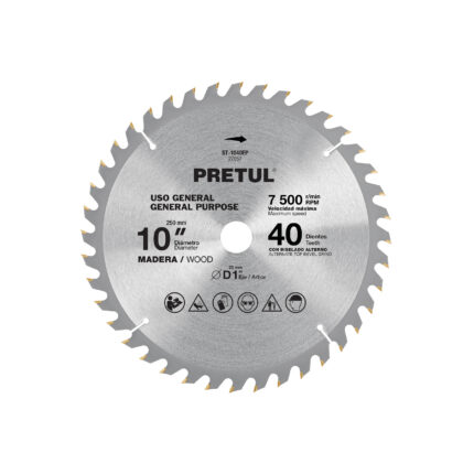 Disco sierra 10" para madera, 40 dientes centro 1", Pretul