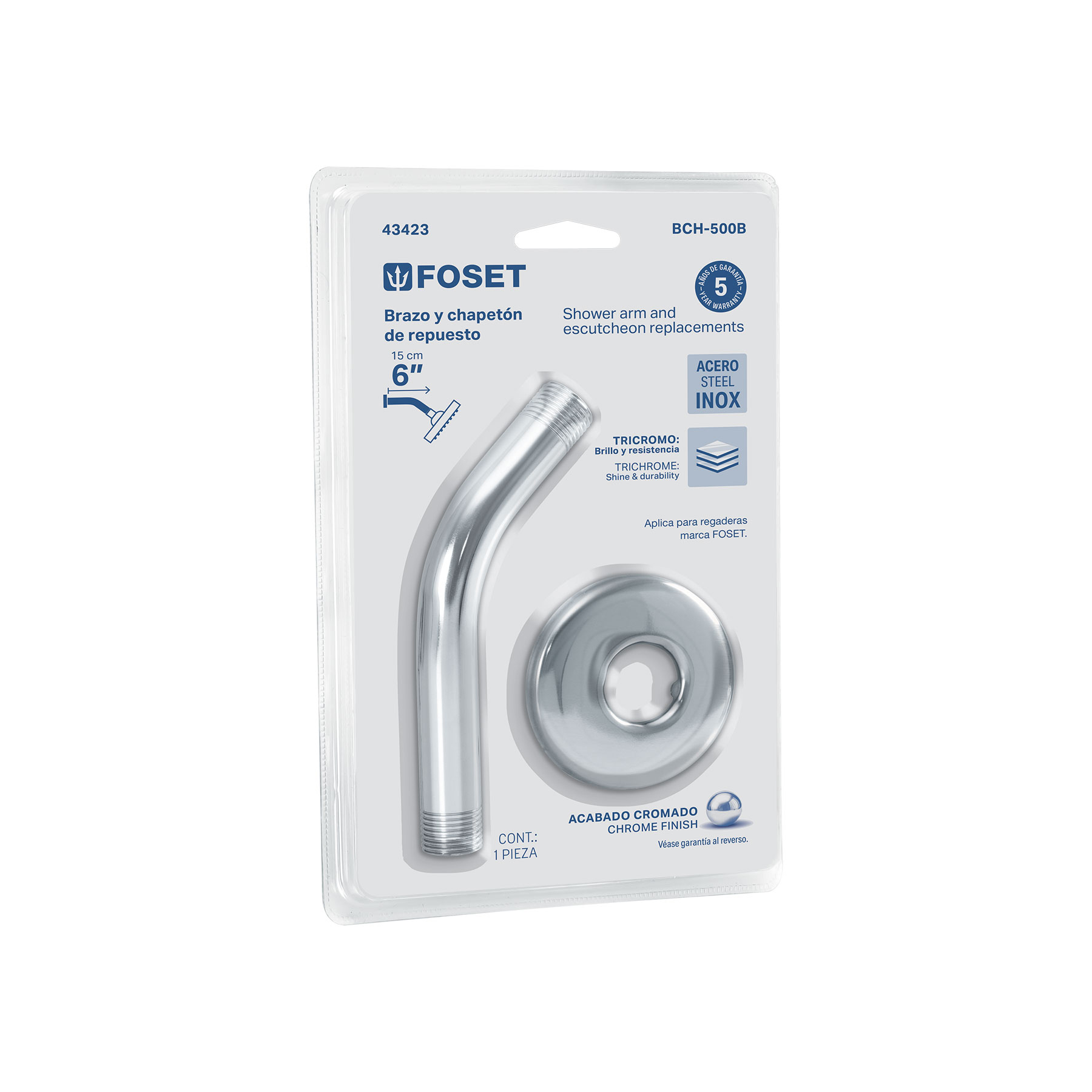 BCH-500B.jpg Brazo y chapetón para regadera, blíster, cromo, FOSET BASIC BCH 500B
