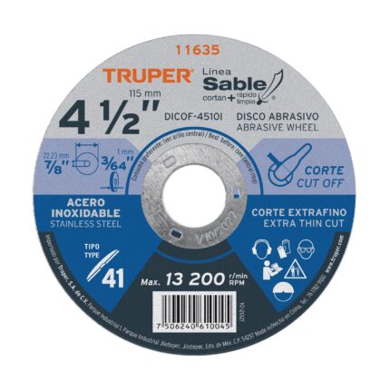 Disco abrasivo de corte preciso acero inox 4-1/2'x1mm TRUPER