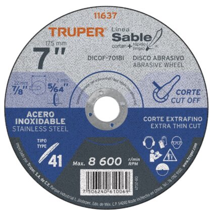 Disco abrasivo de corte preciso acero inox 7' x 2 mm TRUPER