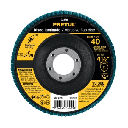 Disco laminado 4-1/2', grano 40 centro 7/8', fibra, PRETUL