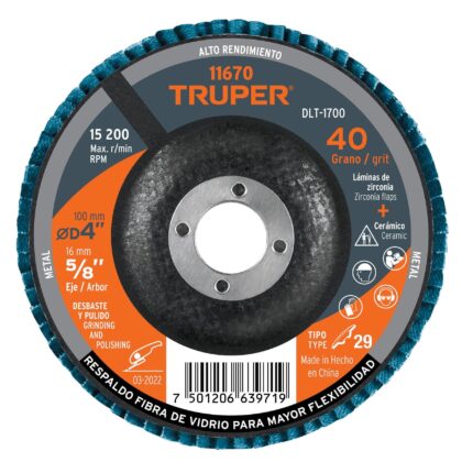 Disco laminado 4', grano 40 centro 5/8', fibra, TRUPER