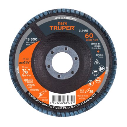 Disco laminado 4-1/2', grano 60 centro 7/8', fibra, TRUPER