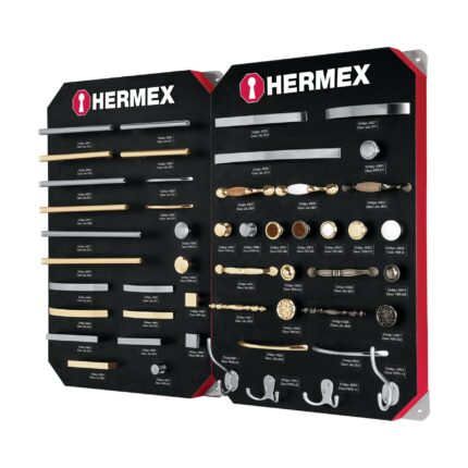 Exhibidor con jaladeras y perillas, 2 tableros, HERMEX