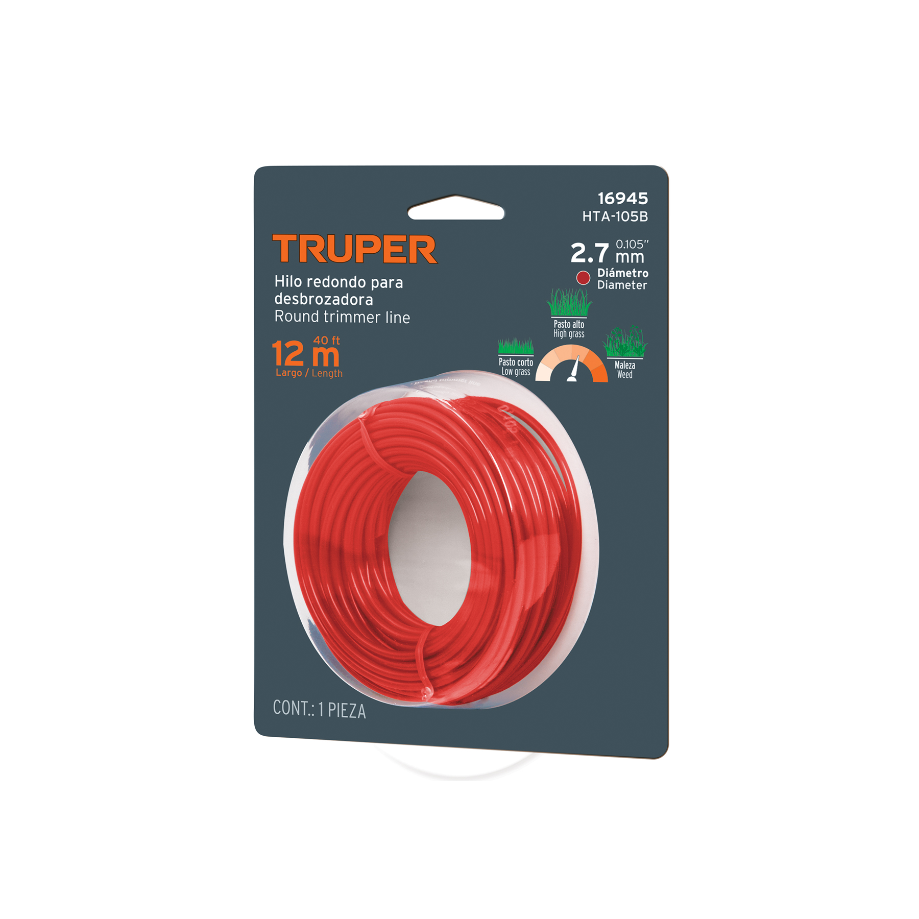 HTA-105B.jpg Hilo redondo, para desbrozadora, 2.7mm x12m, tarjeta, TRUPER HTA 105B