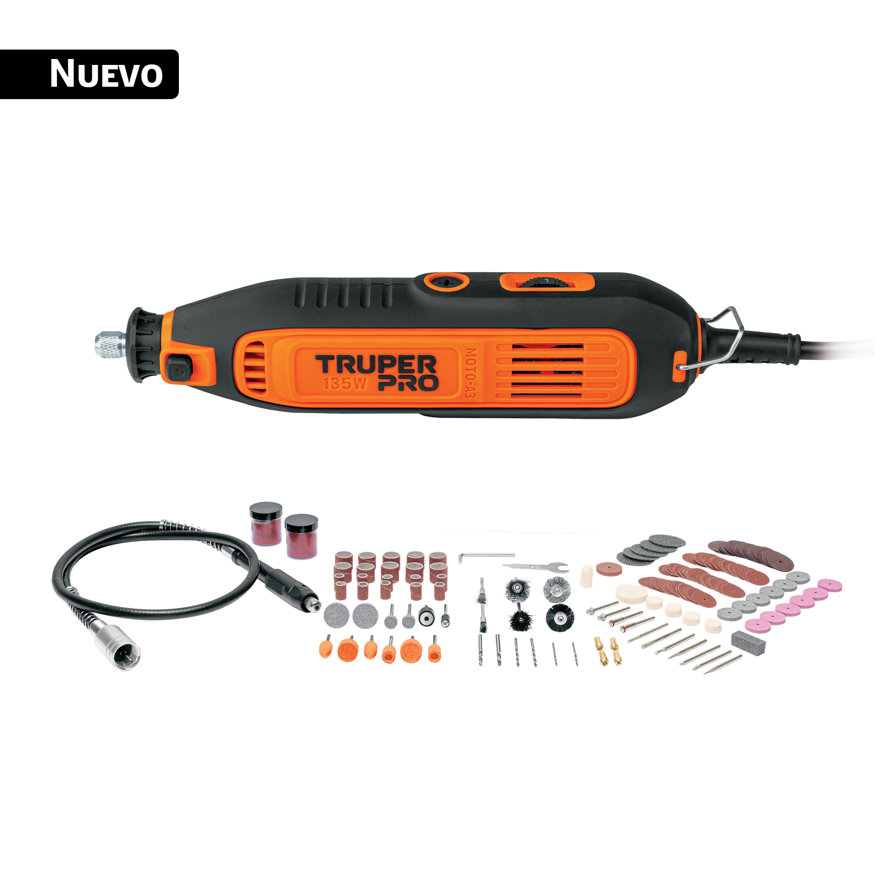MOTO-A3K.jpg Herramienta rotativa 135W con 211 accesorios, TRUPER PRO MOTO A3K