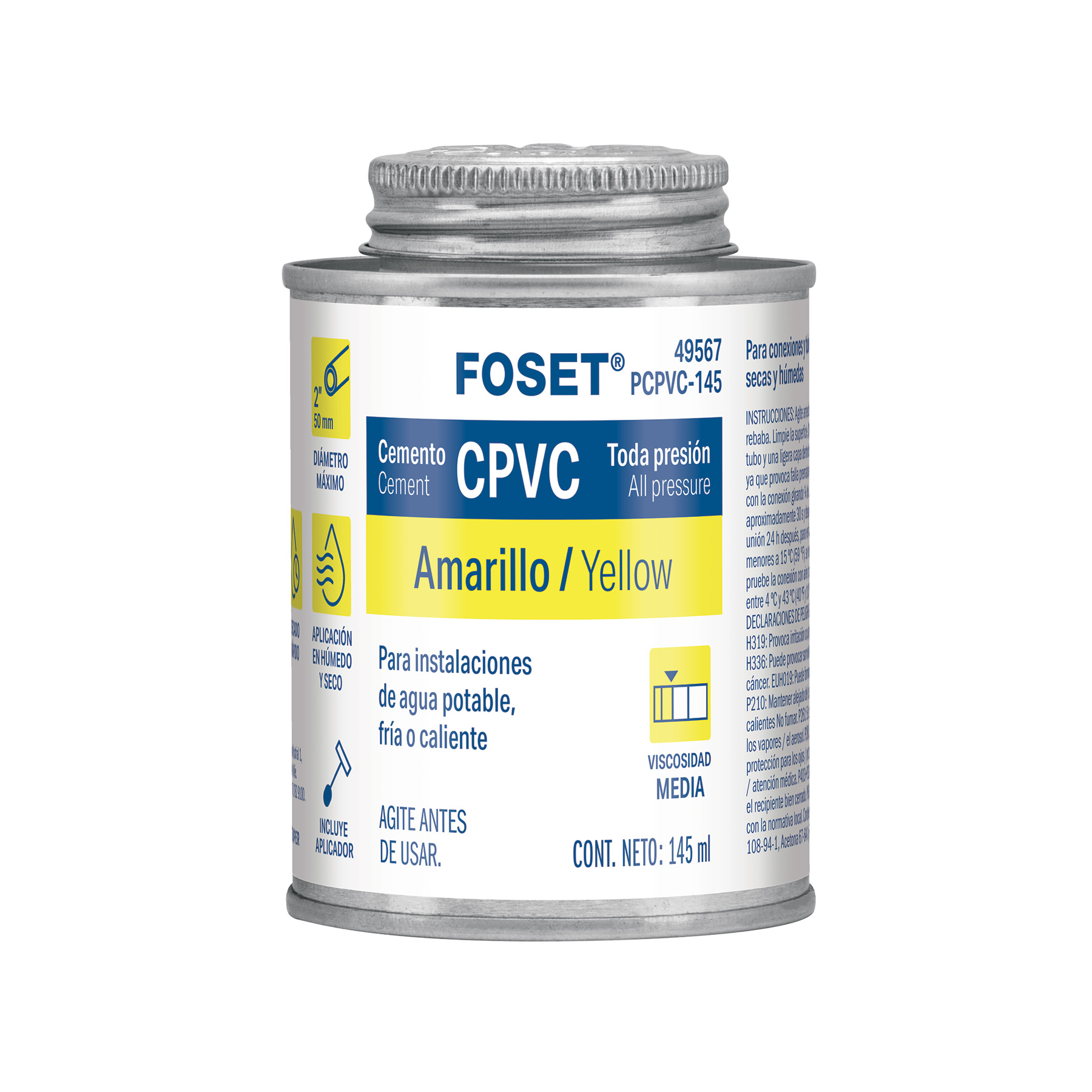 PCPVC-145.jpg Cemento p/CPVC, amarillo, toda presión, lata 145ml, FOSET PCPVC 145