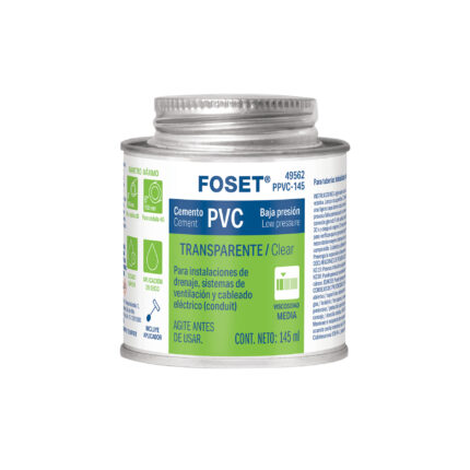 Cemento p/PVC, transparente, baja presión, lata 145ml, FOSET