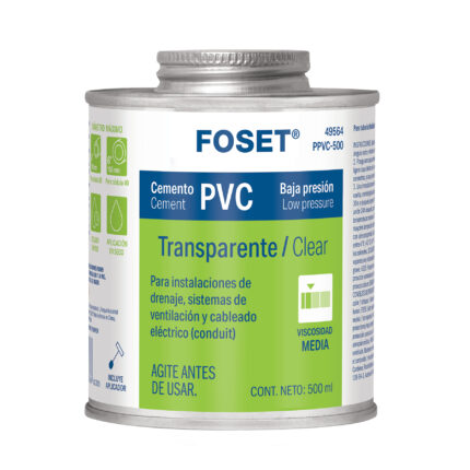 Cemento p/PVC, transparente, baja presión, lata 500ml, FOSET
