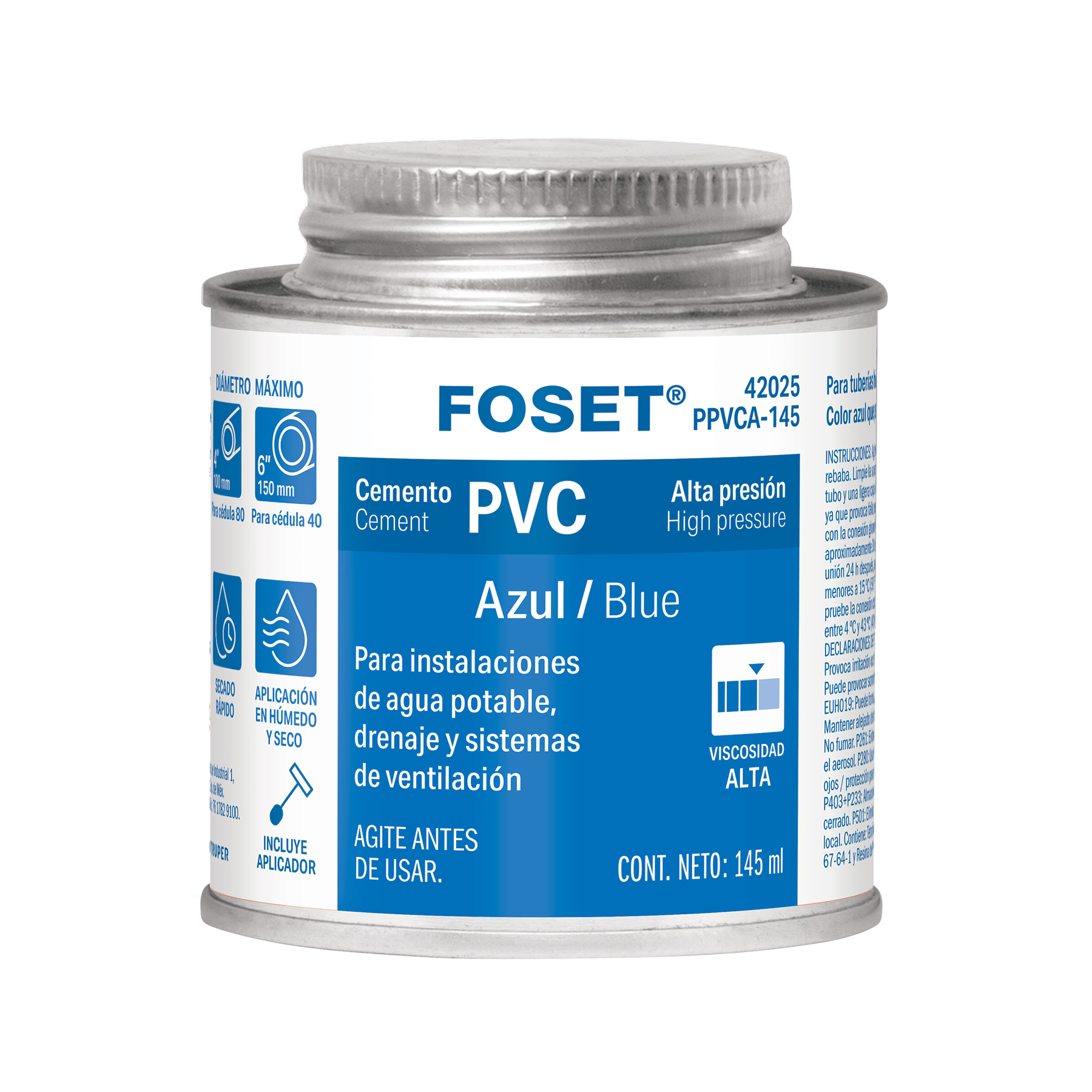 PPVCA-145.jpg Cemento p/PVC, azul, alta presión, lata 145ml, FOSET PPVCA 145