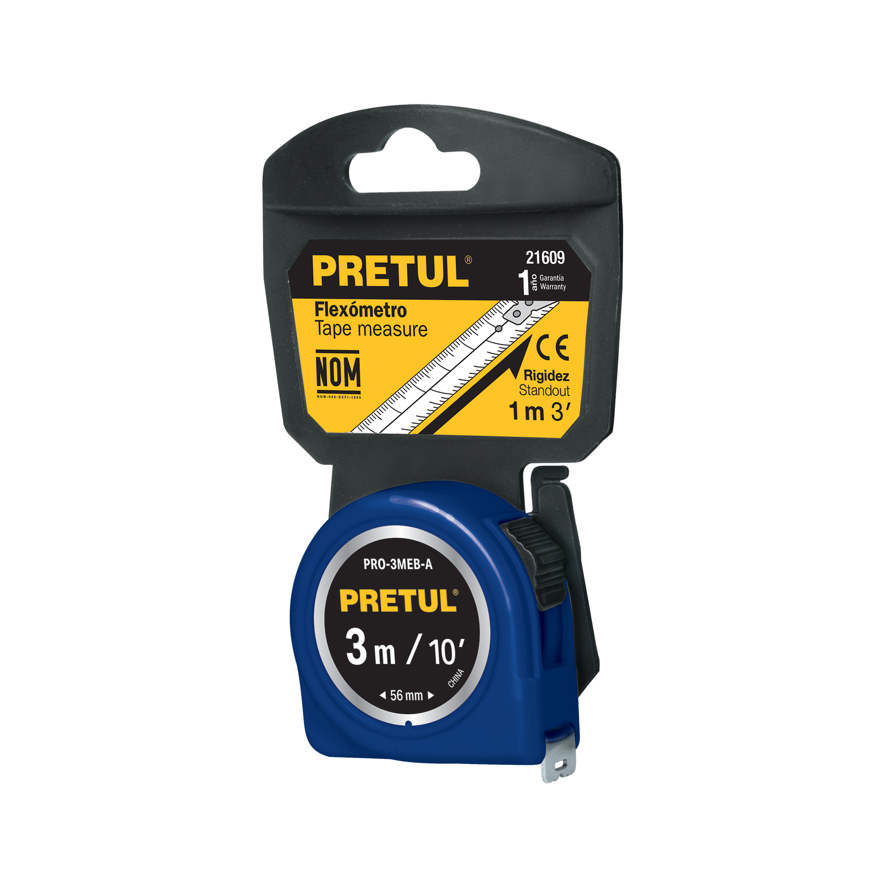 PRO-3MEB-A.jpg Flexómetro azul 3 m cinta 13 mm, en tarjeta, PRETUL PRO 3MEB A