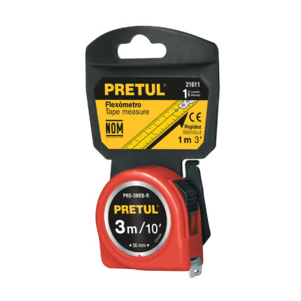 Flexómetro rojo 3 m cinta 13 mm, en tarjeta, PRETUL