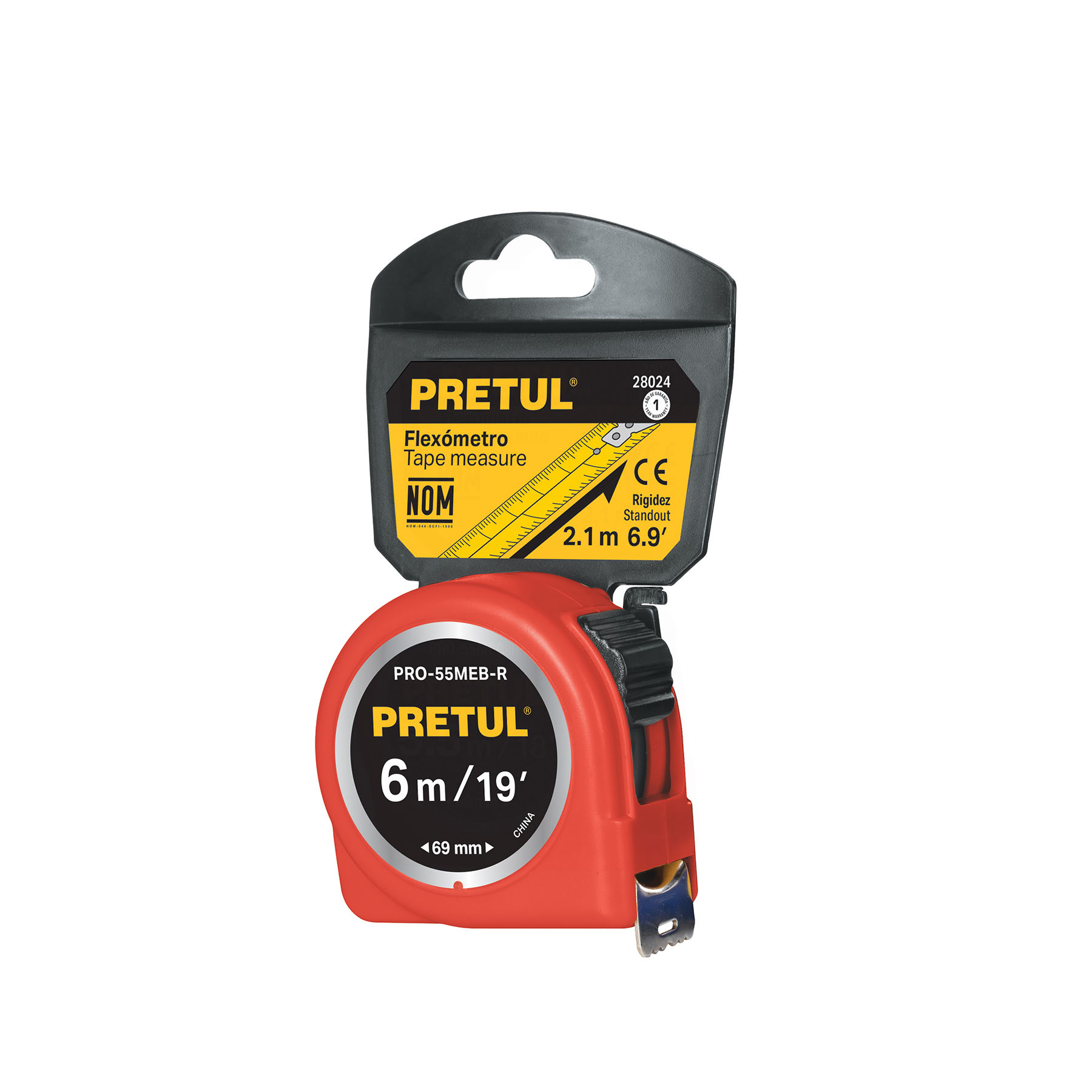 PRO-55MEB-R.jpg Flexómetro rojo 6 m cinta 25 mm, en tarjeta, PRETUL PRO 55MEB R
