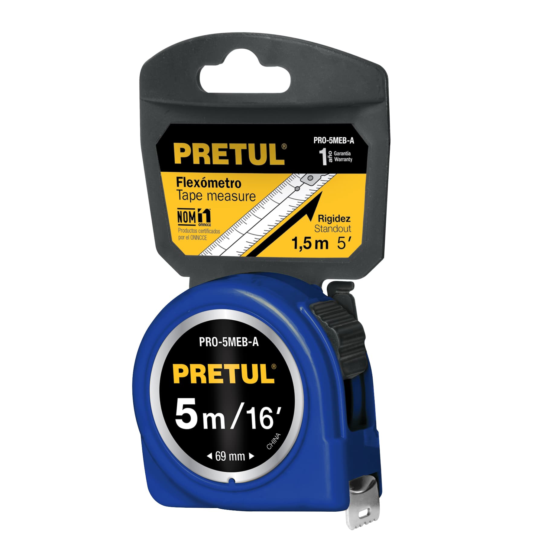 PRO-5MEB-A.jpg Flexómetro azul 5 m cinta 19 mm, en tarjeta, PRETUL PRO 5MEB A