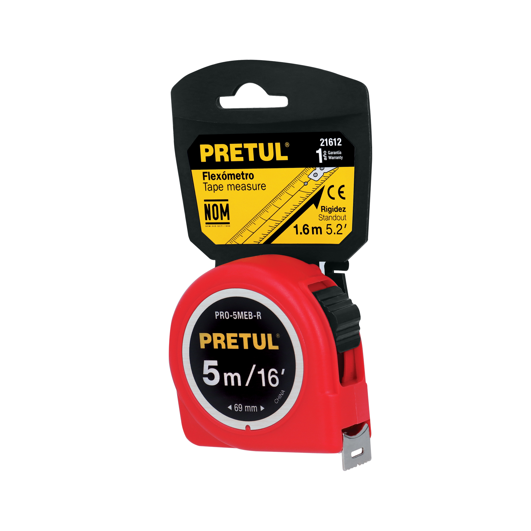 PRO-5MEB-R.jpg Flexómetro rojo 5 m cinta 19 mm, en tarjeta, PRETUL PRO 5MEB R