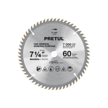 Disco sierra 7-1/4' p/madera, 60 dientes centro 5/8', PRETUL