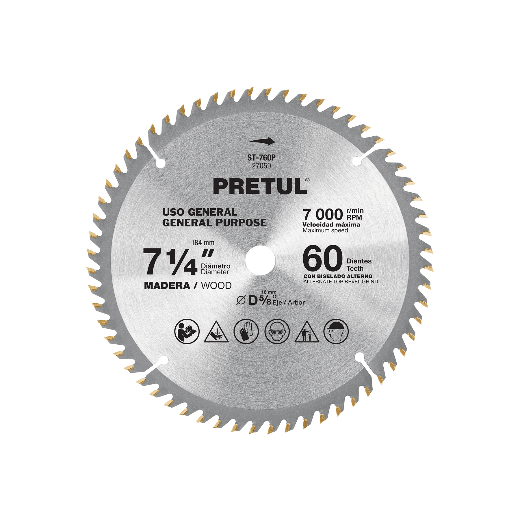 ST-760P.jpg Disco sierra 7-1/4' p/madera, 60 dientes centro 5/8', PRETUL ST 760P